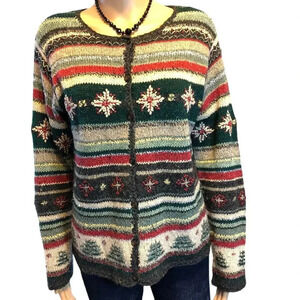 VTG David Brooks Wool Silk Women S Sweater Cardigan Fair Isle Knit Winter Theme